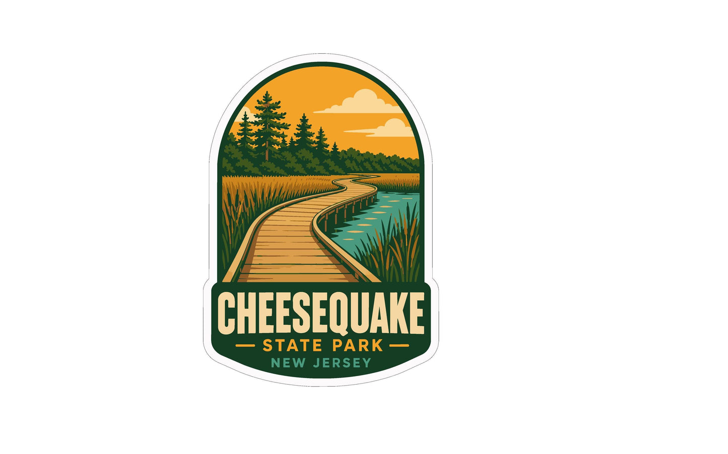 A sticker or emblem featuring a wooden boardwalk leading to a scenic landscape with trees, grass, and a body of water.