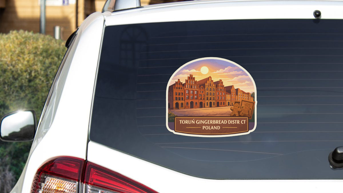 A sticker on the rear window of a car, depicting a cityscape with a large building and a sunset in the background.