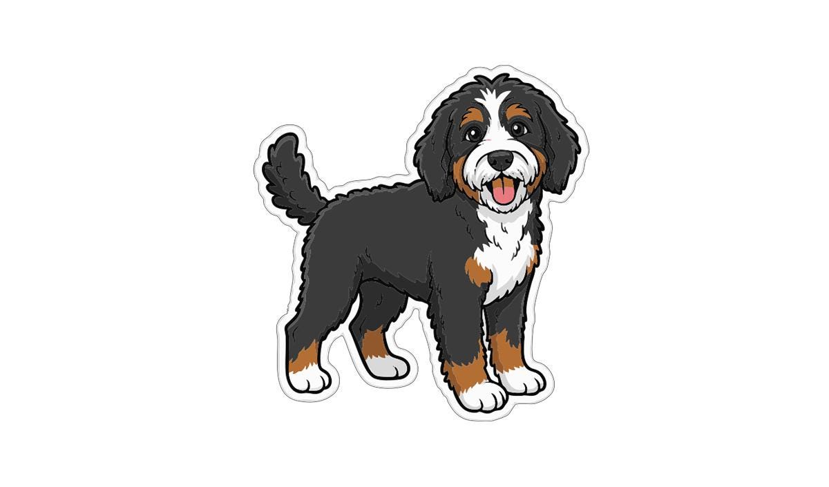 A cartoon illustration of a Bernese mountain dog with a friendly expression.