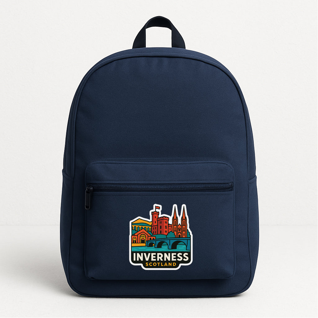 A navy blue backpack with a colorful sticker on the front that says "Inverness, Scotland".