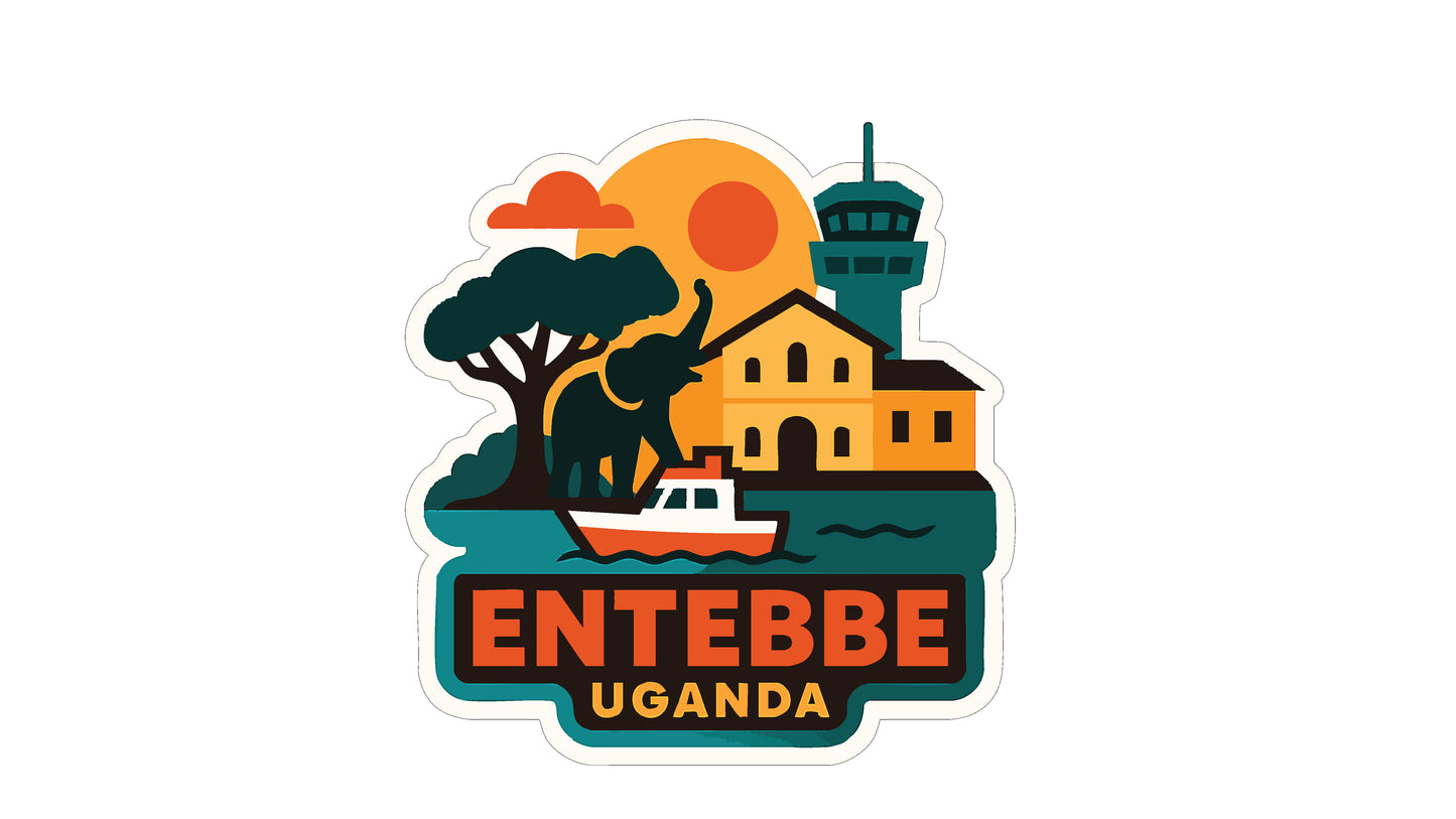 The image is a sticker or logo featuring a collage of various elements, including a building, a boat, an elephant, and a sunset. The text "ENTEBBE UGANDA" is prominently displayed, indicating the location or theme of the image.