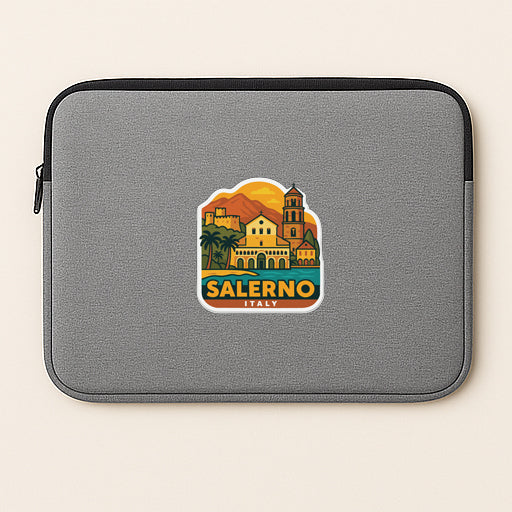 A gray laptop sleeve with a sticker depicting the city of Salerno, Italy.
