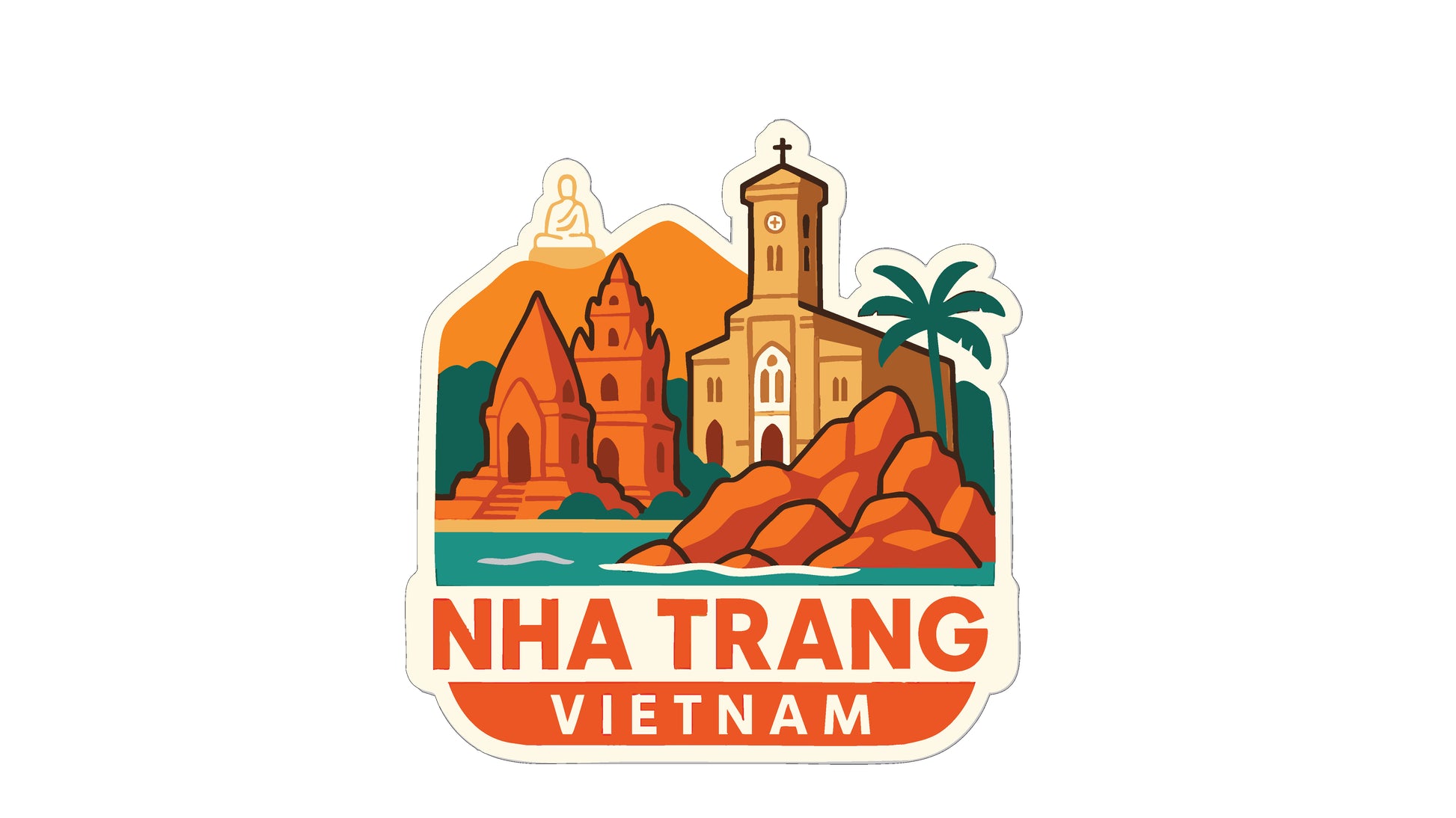 The image is a sticker or emblem featuring various landmarks and buildings in Vietnam, including a temple, a church, and a mountain.