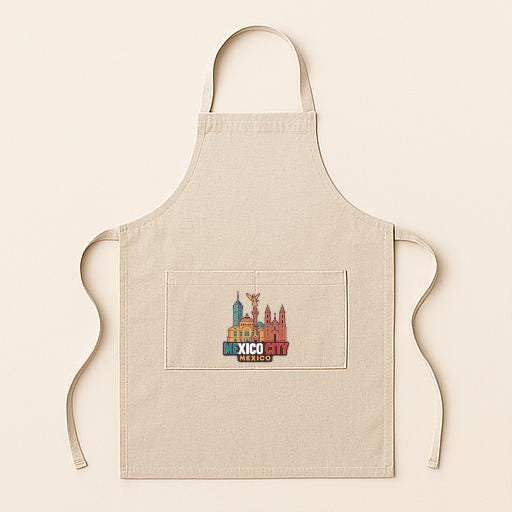 A beige apricot with a graphic of a city skyline on the front pocket.