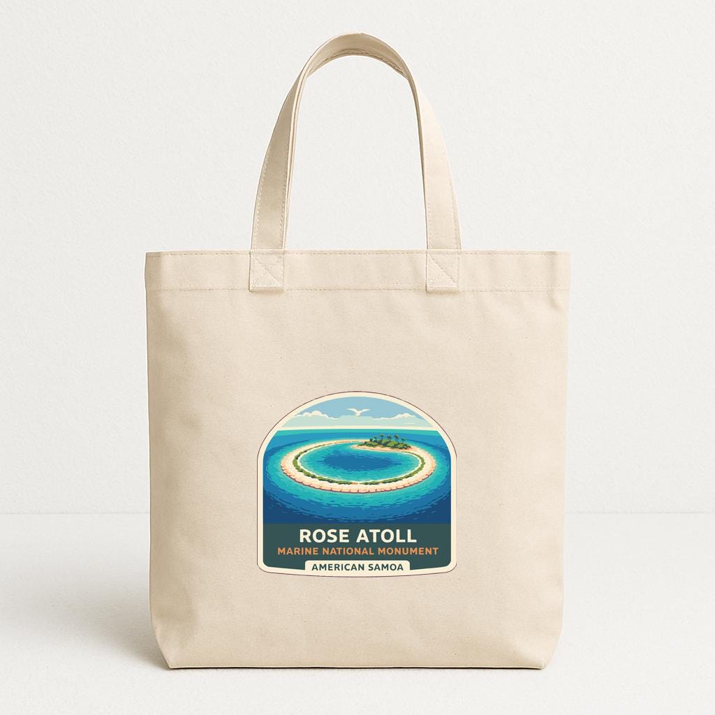 A beige tote bag with a printed label that says "ROSE ATOLL MARINE NATIONAL OBJECT AMERICAN SAMOA".
