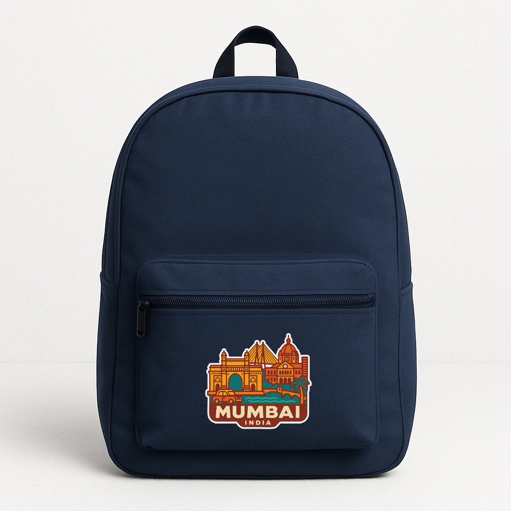 A navy blue backpack with a sticker on the front that says "MUMBAI INDIA".