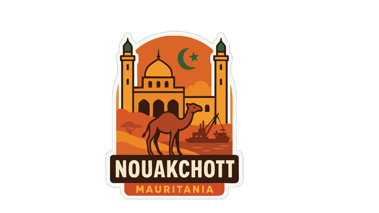 a camel and a building with two minarets, representing the Nouakchott Mauritania, a city in Mauritania.