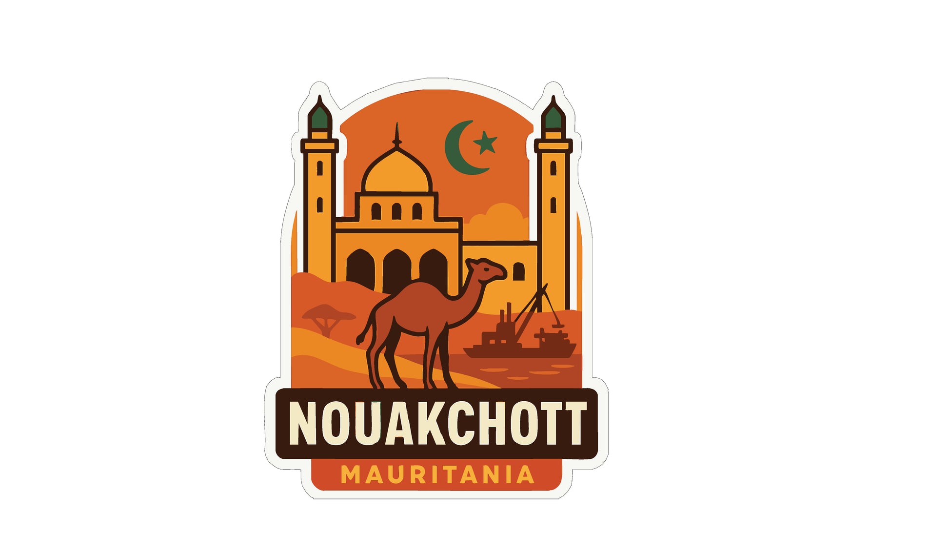 a camel and a building with two minarets, representing the Nouakchott Mauritania, a city in Mauritania.