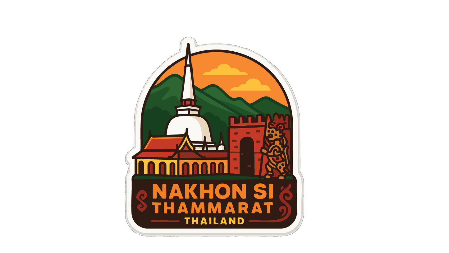a sticker or emblem with a stylized illustration of a temple, mountains, and a castle, along with the text "Nakhon Si Thammarat Thailand".