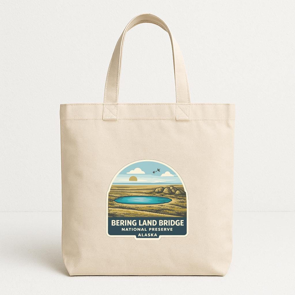 A beige tote bag with a graphic design depicting a scenic landscape, including a lake, mountains, and a sunset.