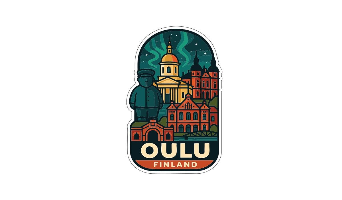 a sticker or illustration of the city of Oulu, Finland.
