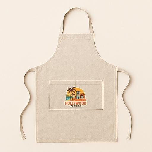 A beige apricot with a graphic of a beach and palm trees, along with the text "Hollywood, Florida" printed on it.