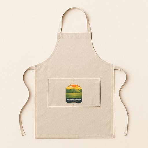 A beige apricot with a small graphic of a mountain landscape on the front pocket.