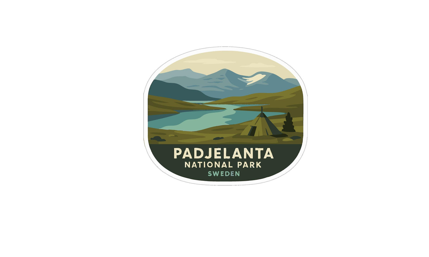 A sticker depicting a scenic landscape with mountains, a lake, and a tent in the foreground, with the text "PADJELANTA NATIONAL PARK SWEDEN" prominently displayed.