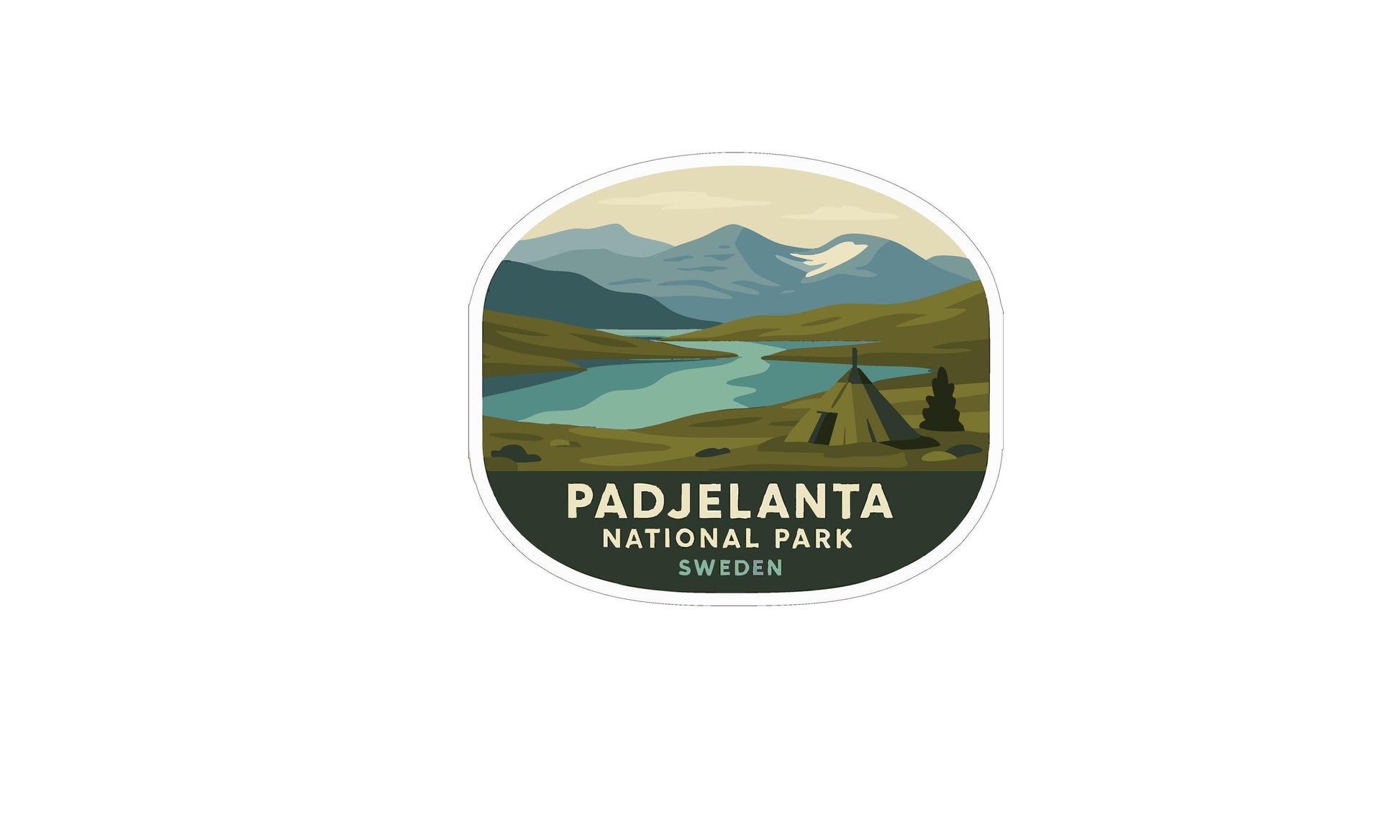 A sticker depicting a scenic landscape with mountains, a lake, and a tent in the foreground, with the text "PADJELANTA NATIONAL PARK SWEDEN" prominently displayed.