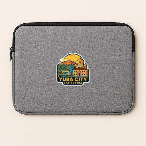 A gray laptop sleeve with a graphic design depicting a cityscape and the text "YUBA CITY, CALIFORNIA".