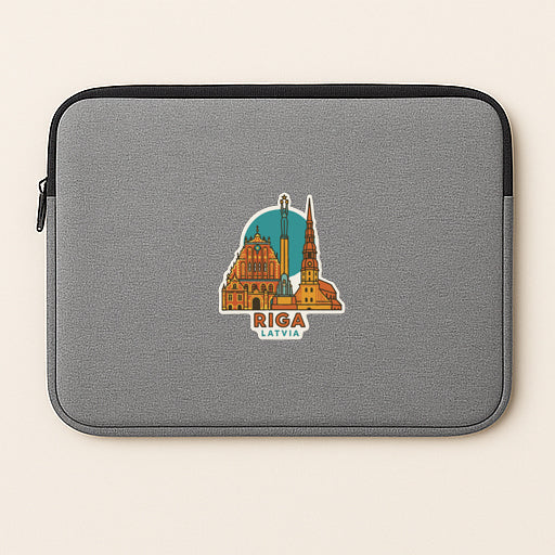 A gray laptop sleeve with a sticker depicting the Riga skyline in Latvia.