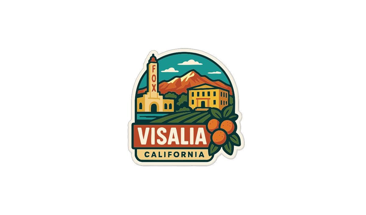 A stylized logo depicting the city of Visalia, California, with a mountain in the background, a tower, and buildings.