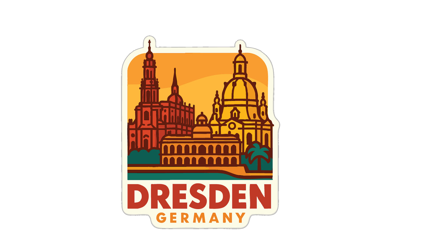 a sticker or emblem with a stylized illustration of the Dresden Cathedral and other buildings in the city of Dresden, Germany.