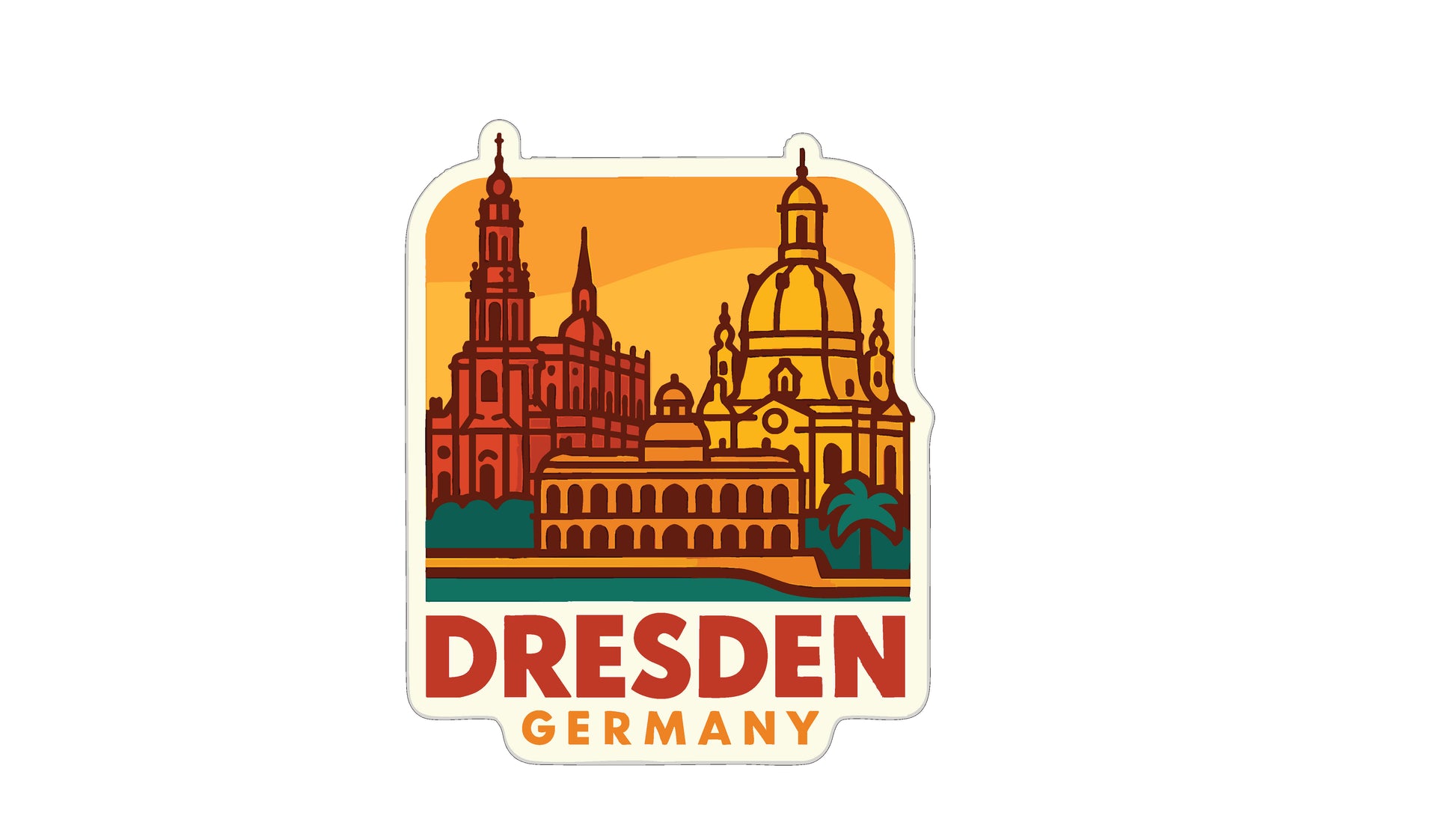 a sticker or emblem with a stylized illustration of the Dresden Cathedral and other buildings in the city of Dresden, Germany.