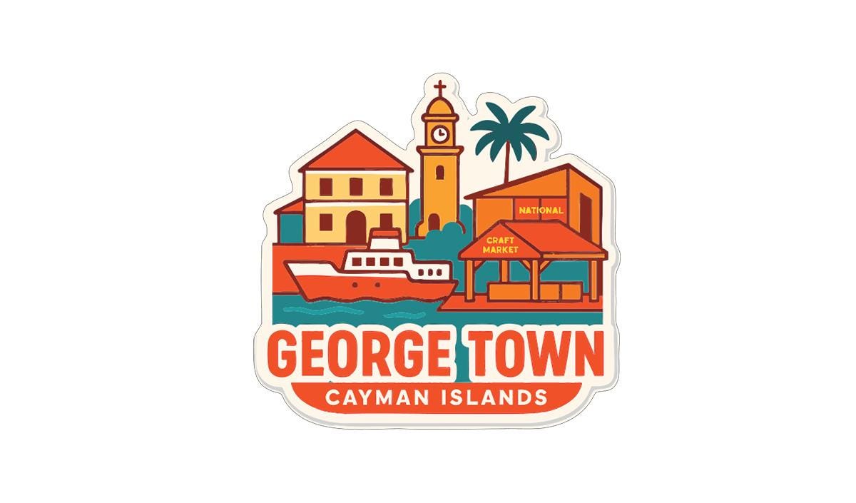 a colorful illustration of a town, with various buildings, a clock tower, and a palm tree. The text "GEORGE TOWN CAYMAN ISLANDS" is prominently displayed, indicating the location of the town.