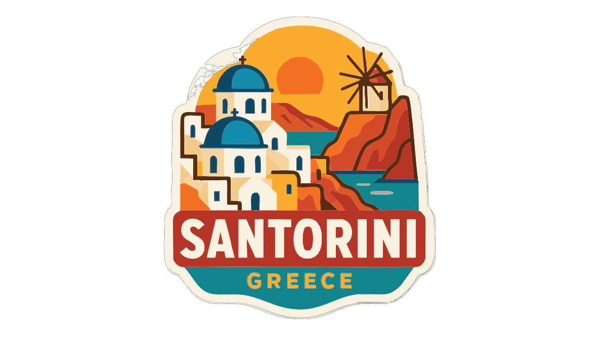 a sticker or emblem with a stylized illustration of Santorini, Greece. The background includes a sunset, a windmill, and the silhouette of a mountain. The text "SANTORINI GREECE" is prominently displayed in the center of the image.