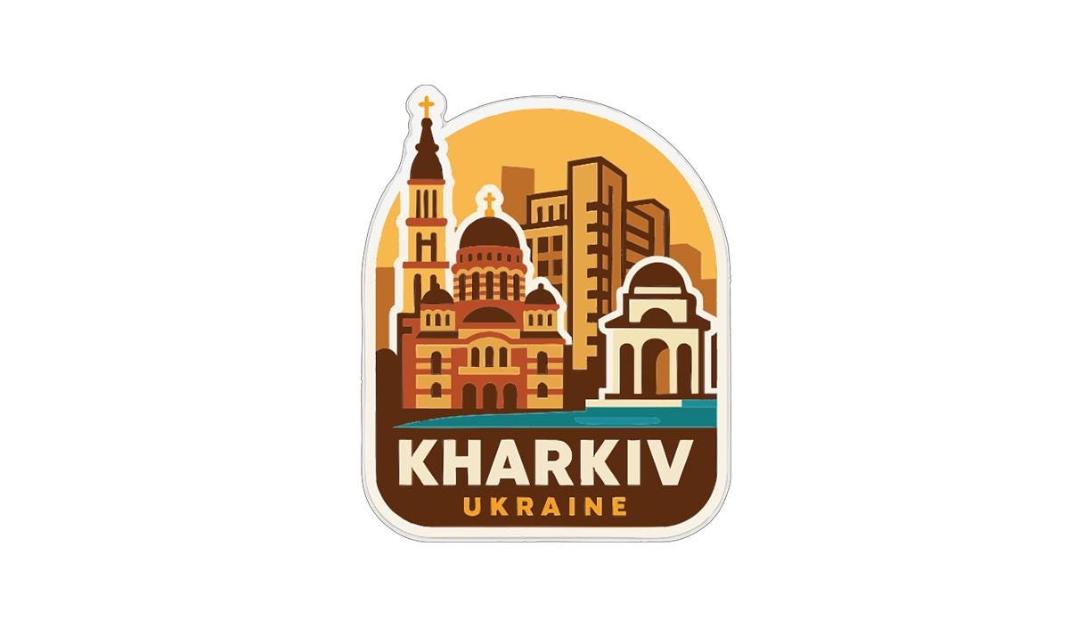 a sticker or emblem depicting the skyline of Kharkiv, Ukraine, with various architectural elements such as domes, towers, and buildings.