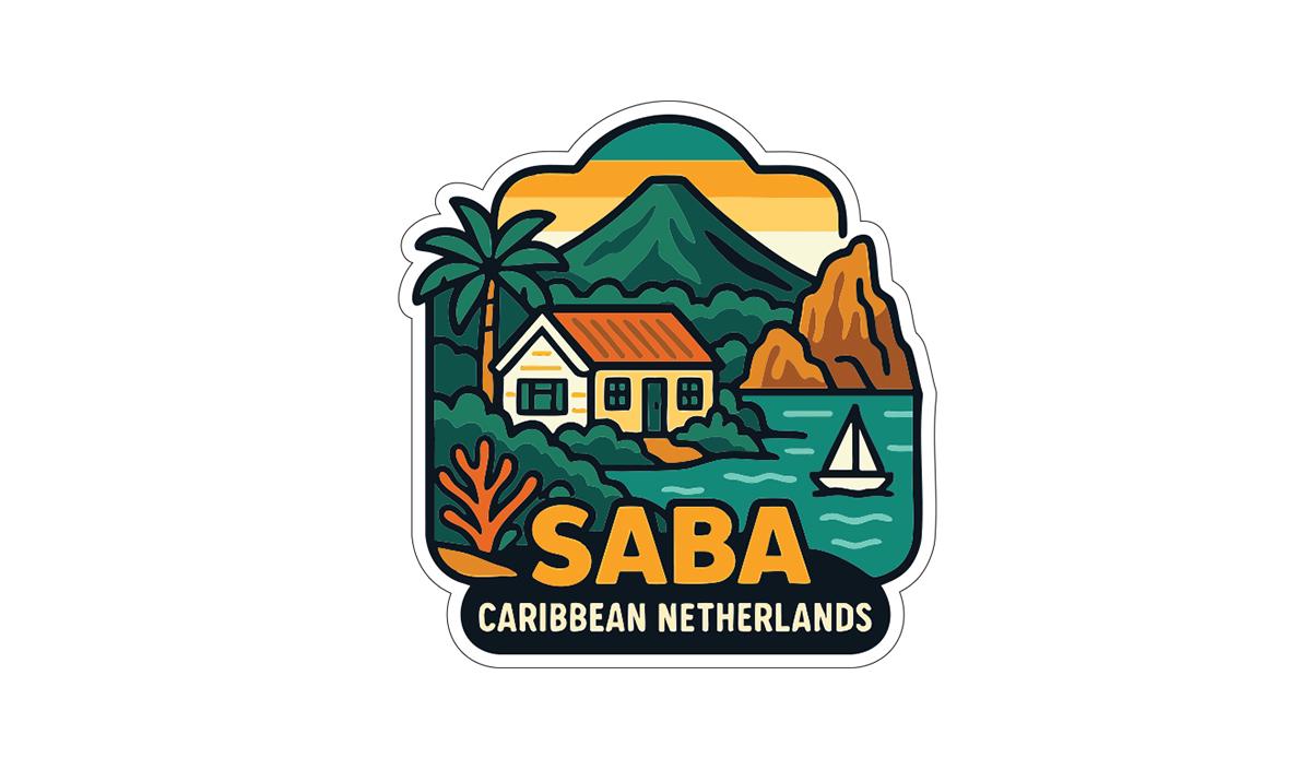 a colorful illustration of a tropical island with a house, palm trees, and a sailboat, along with the text "Saba Caribbean Netherlands".