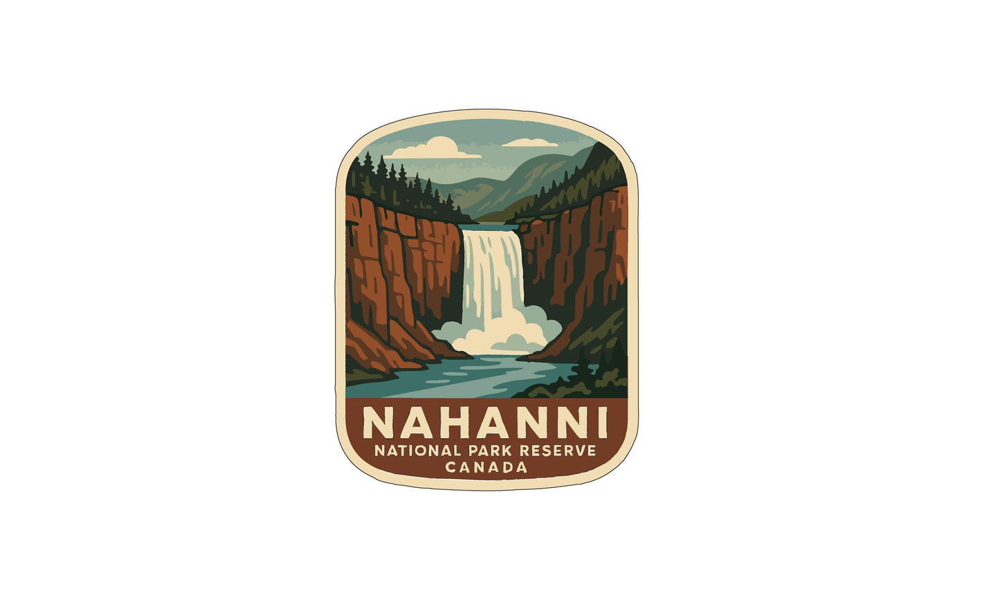 a stylized illustration of a waterfall within a park reserve, with the text "Nahanni National Park Reserve Canada" prominently displayed.