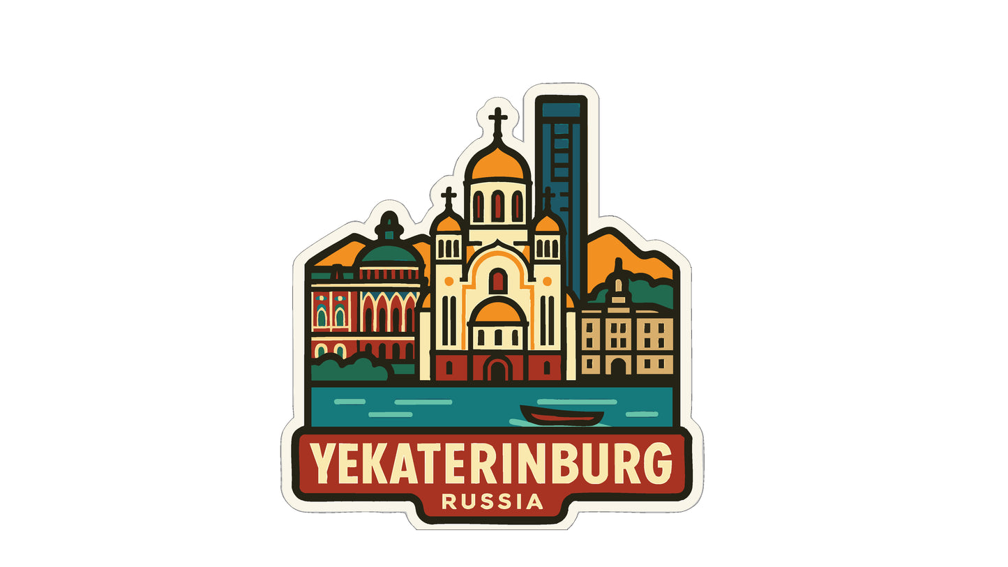A sticker depicting the skyline of Yekaterinburg, Russia, with various buildings and landmarks.