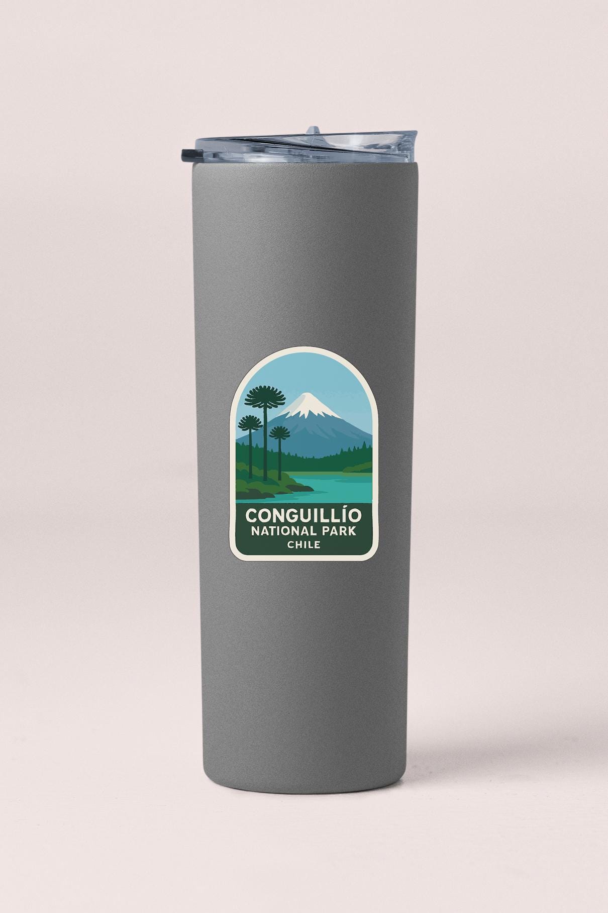 A gray insulated tumbler with a label that says "CONGUILLO NATIONAL PARK CHILE".