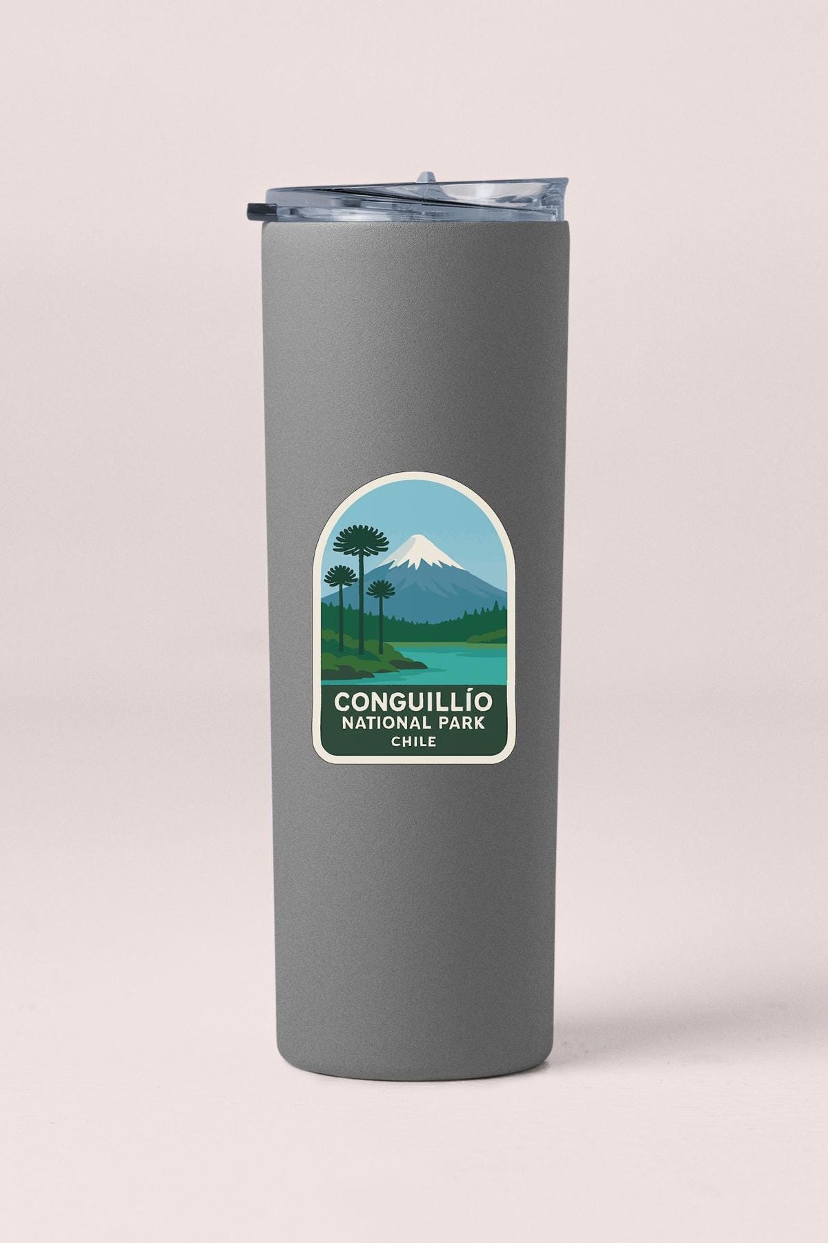 A gray insulated tumbler with a label that says "CONGUILLO NATIONAL PARK CHILE".