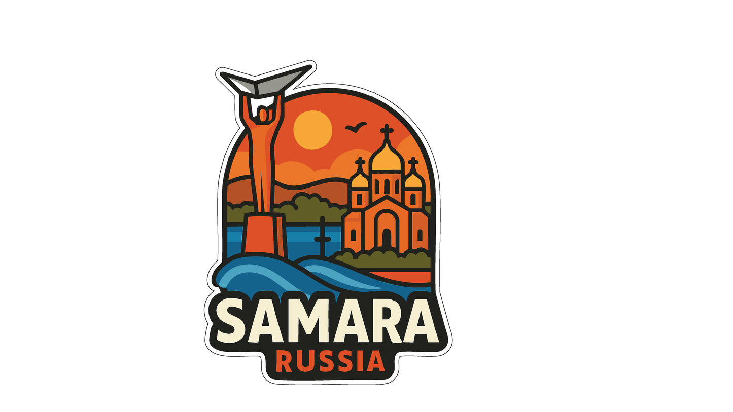 a stylized illustration of a landmark, likely a cathedral or church, with a sunset in the background. The text "SAMARA RUSSIA" is prominently displayed, indicating the location of the landmark.