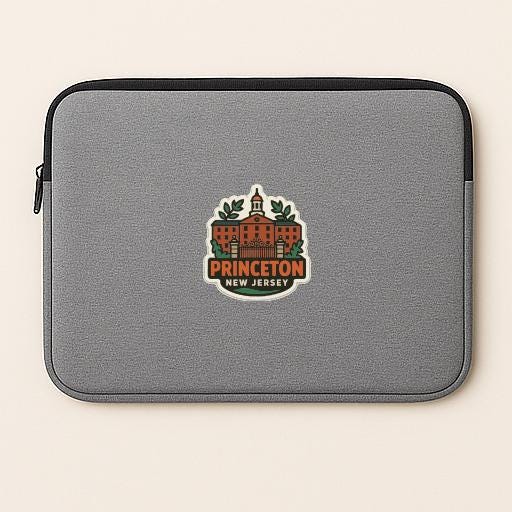 a gray laptop sleeve with a sticker of Princeton, New Jersey, prominently displayed on the front.
