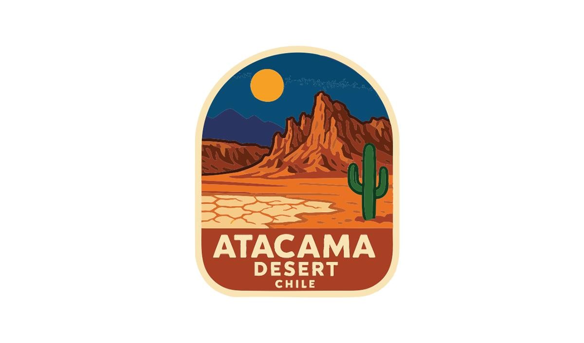 A colorful illustration of the Atacama Desert in Chile, featuring a cactus, mountains, and a bright moon in the sky.
