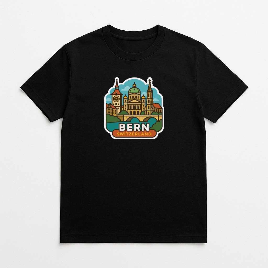 A black t-shirt with a graphic design depicting the Bern, Switzerland, featuring a colorful illustration of the city's landmarks and architecture.