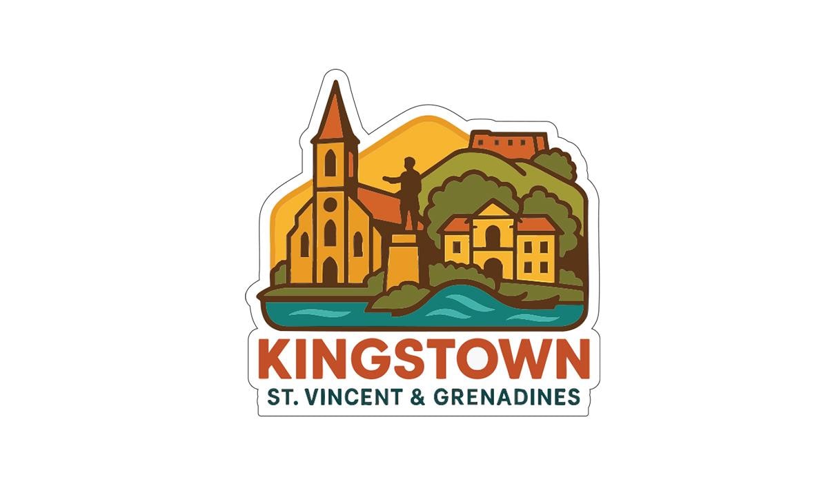 a stylized illustration of St. Vincent and Grenadines, with a church, a statue, and a landscape with a river and mountains.