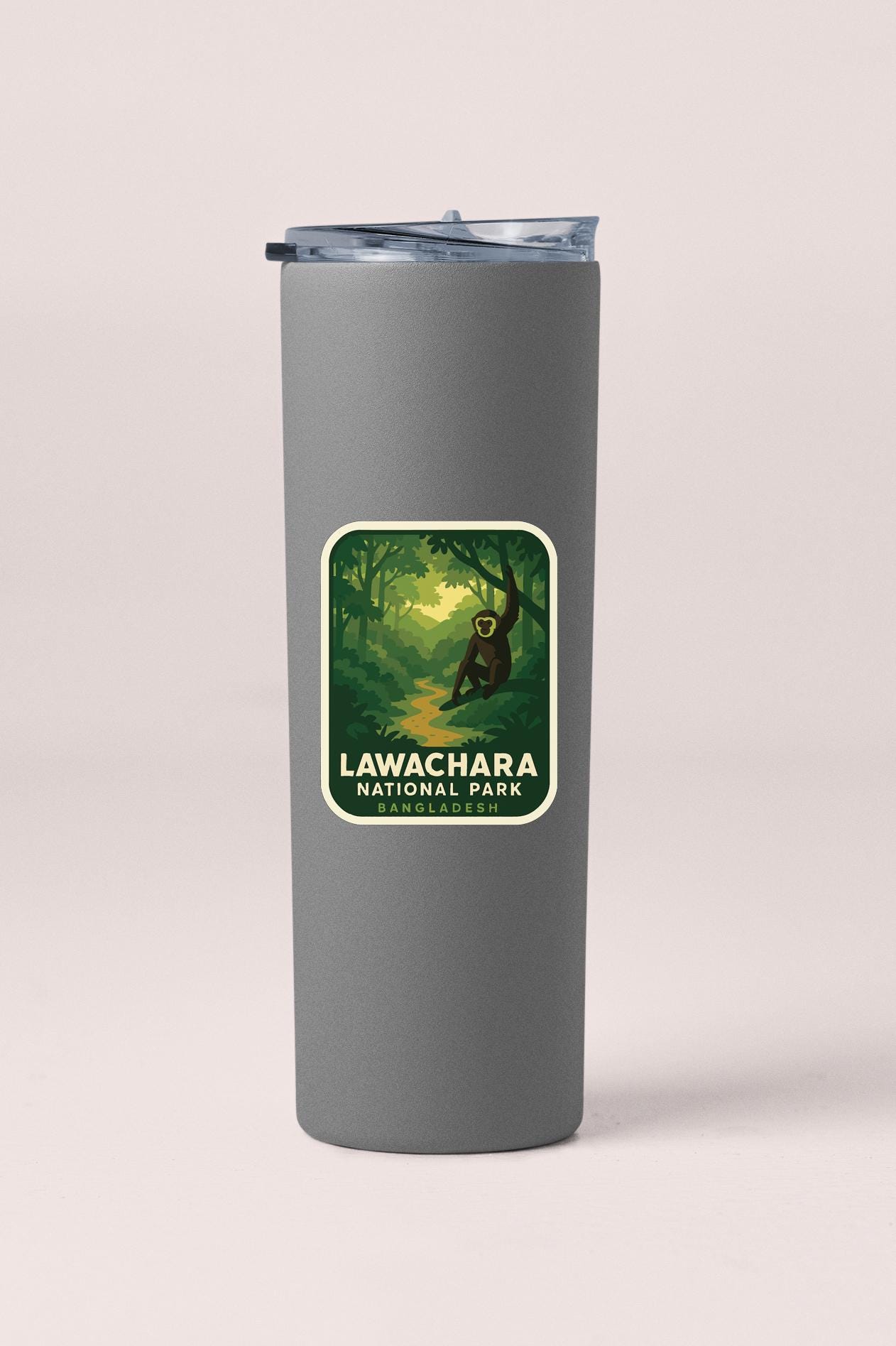 A gray insulated tumbler with a label that says "LAWACHARA NATIONAL PARK BANGLADESH".