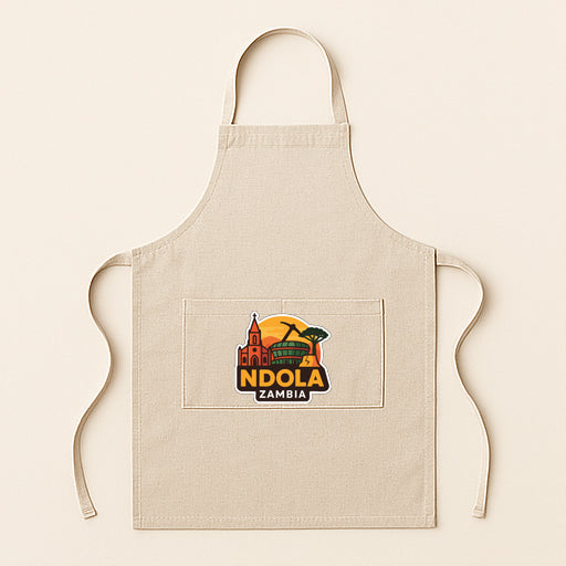 A beige apricot with a graphic design featuring the text "NDOLA ZAMBIA" and a building.