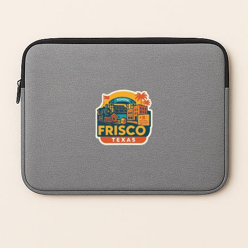 a gray laptop sleeve with a colorful logo of Frisco, Texas.