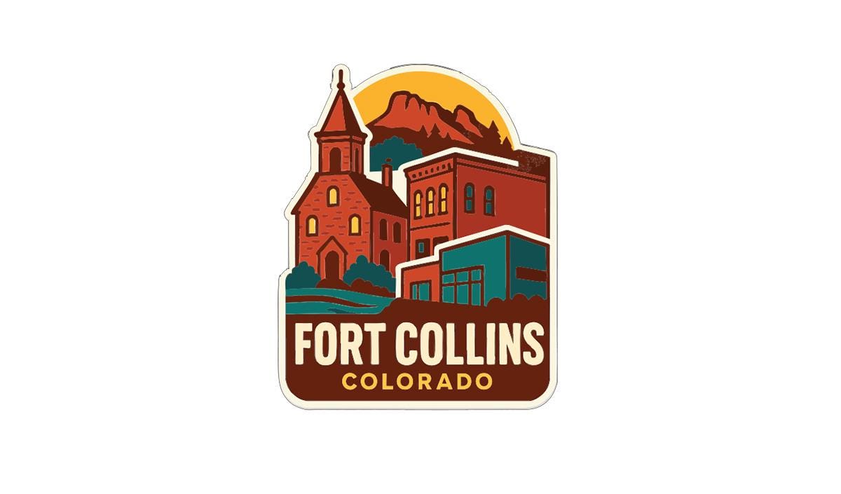 A sticker or emblem featuring a stylized illustration of a church or building with mountains in the background, along with the text "Fort Collins, Colorado" prominently displayed.