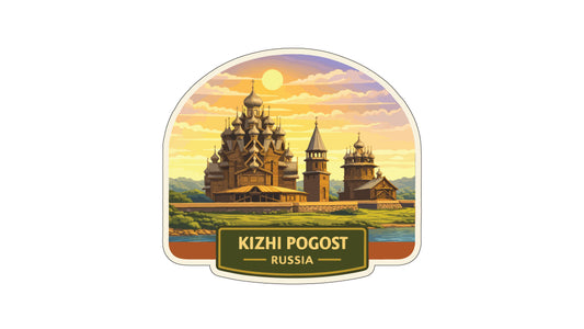 a scenic view of the Kizhi Pogost, a historic landmark in Russia. The landmark is surrounded by a picturesque landscape with a river and a sunset sky. The image is a collage of multiple images, showcasing the beauty and architectural details of the Kizhi Pogost.
