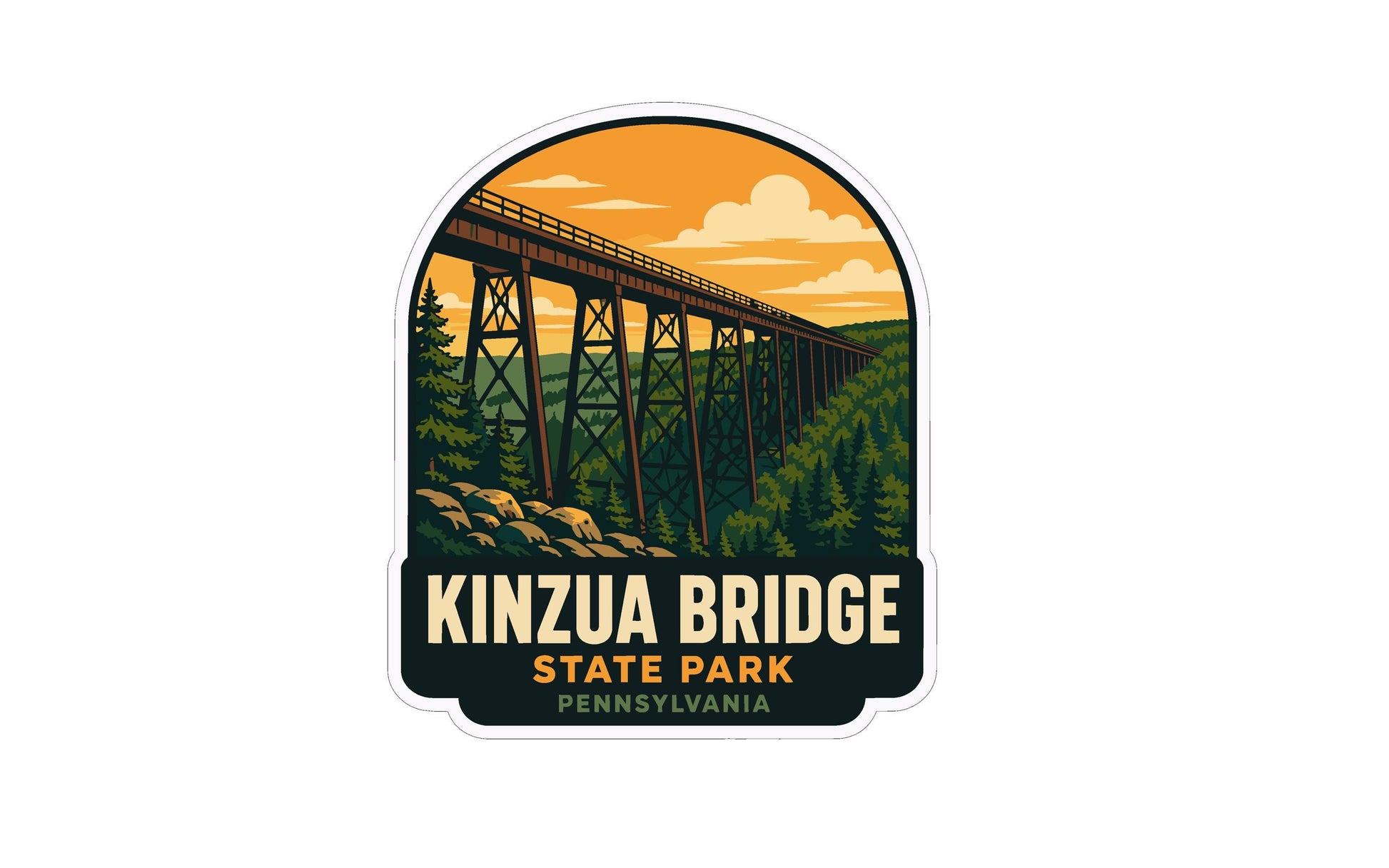a sticker or label with an illustration of the Kinzua Bridge in Pennsylvania, surrounded by a scenic landscape with trees and mountains.