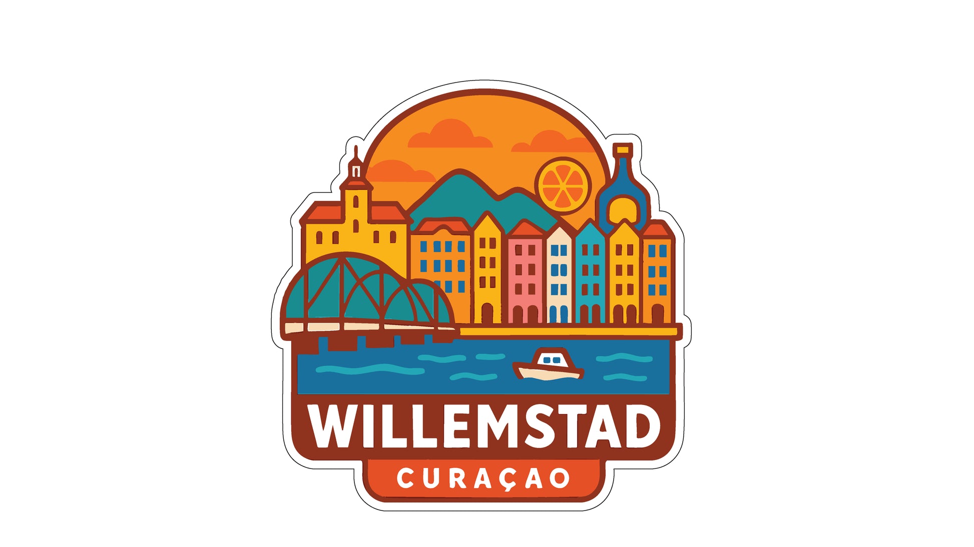 A colorful sticker depicting the cityscape of Willemstad, Curacao, with a bridge, buildings, and a boat on the water.