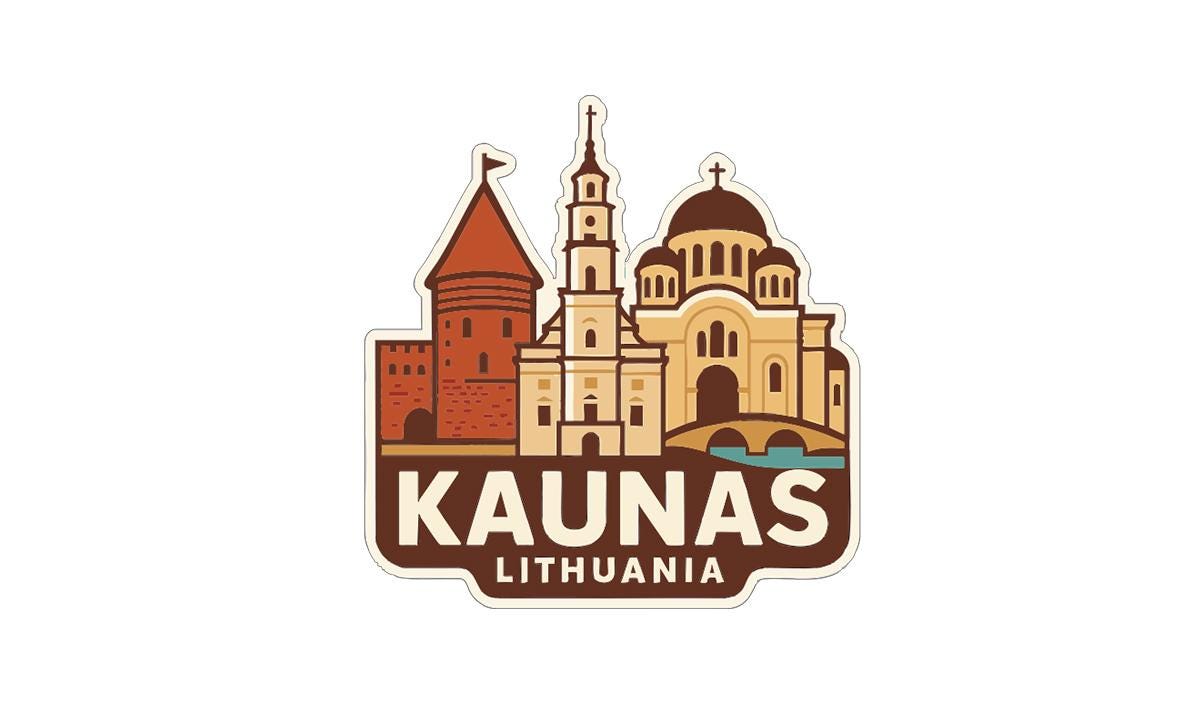 a sticker or emblem depicting the skyline of Lithuania, with various architectural structures such as a castle, a church, and a tower.