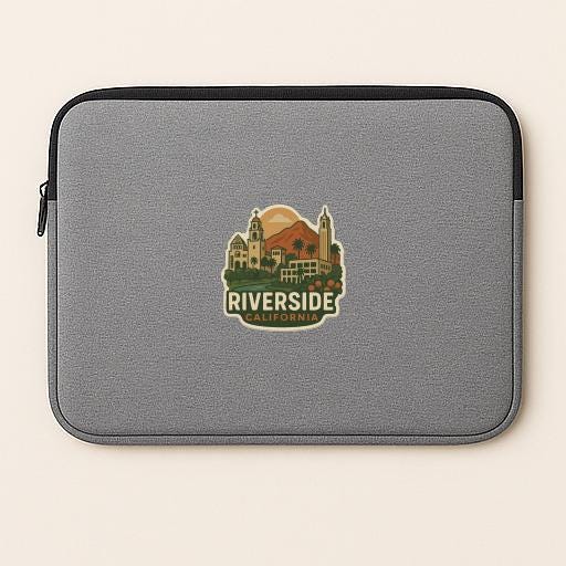 A gray laptop sleeve with a graphic design featuring a cityscape and the text "Riverside, California" printed on it.