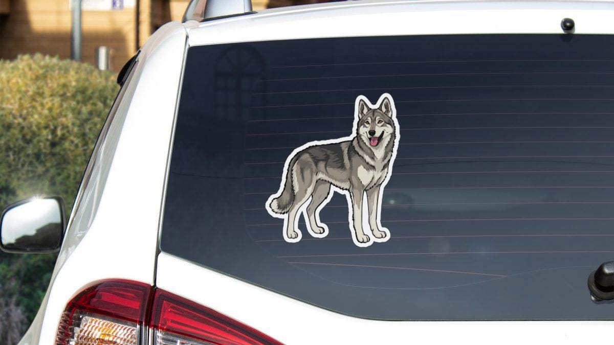 a sticker of a dog on the rear window of a white car.