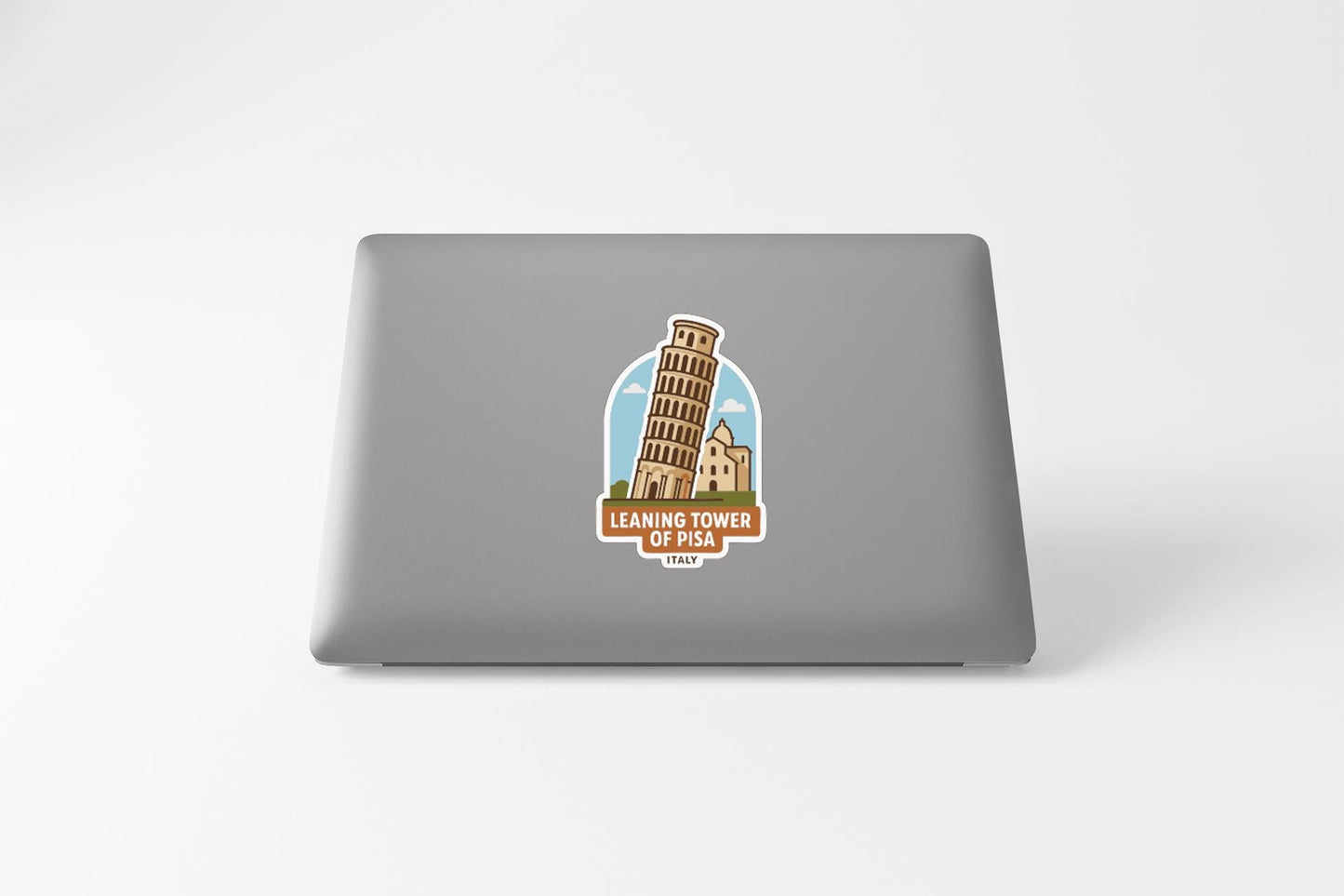 A sticker depicting the Leaning Tower of Pisa, a famous landmark in Italy.