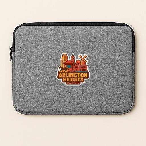 A gray laptop sleeve with a graphic design featuring the text "ARLINGTON HEIGHTS ILLINOIS" and an illustration of a city skyline.