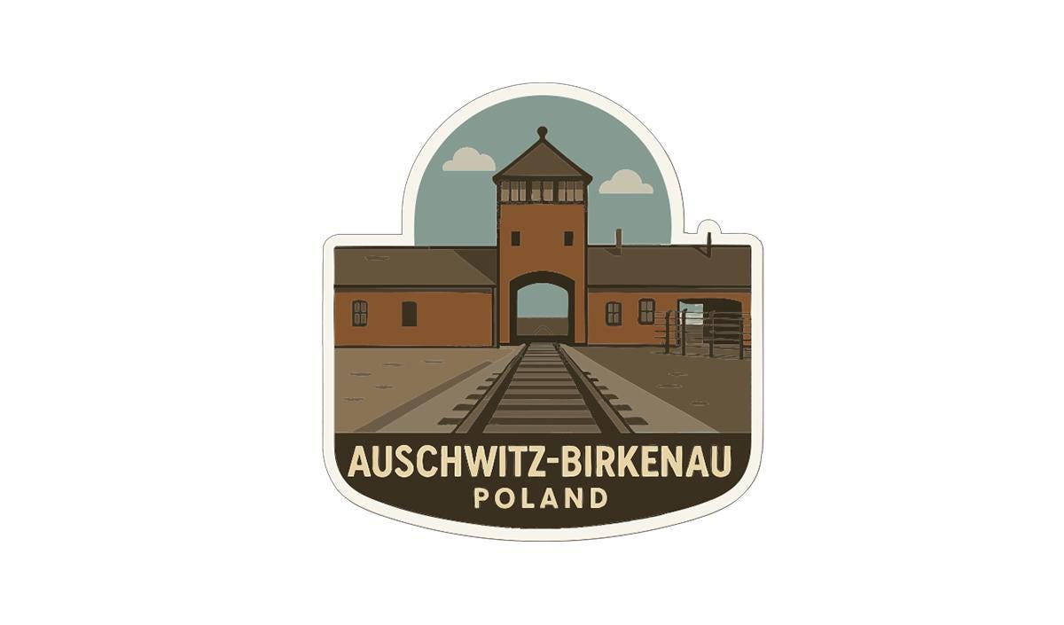 a sticker or label with a stylized illustration of a train station, including a tower and train tracks. The text "AUSCHWITZ-BIRKENAU POLAND" is displayed below the illustration.